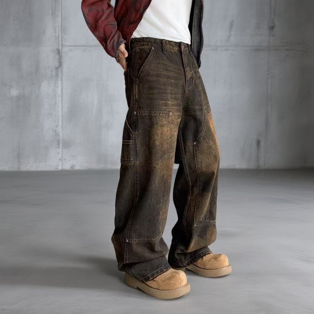 Brown Workwear-Style Washed Jeans